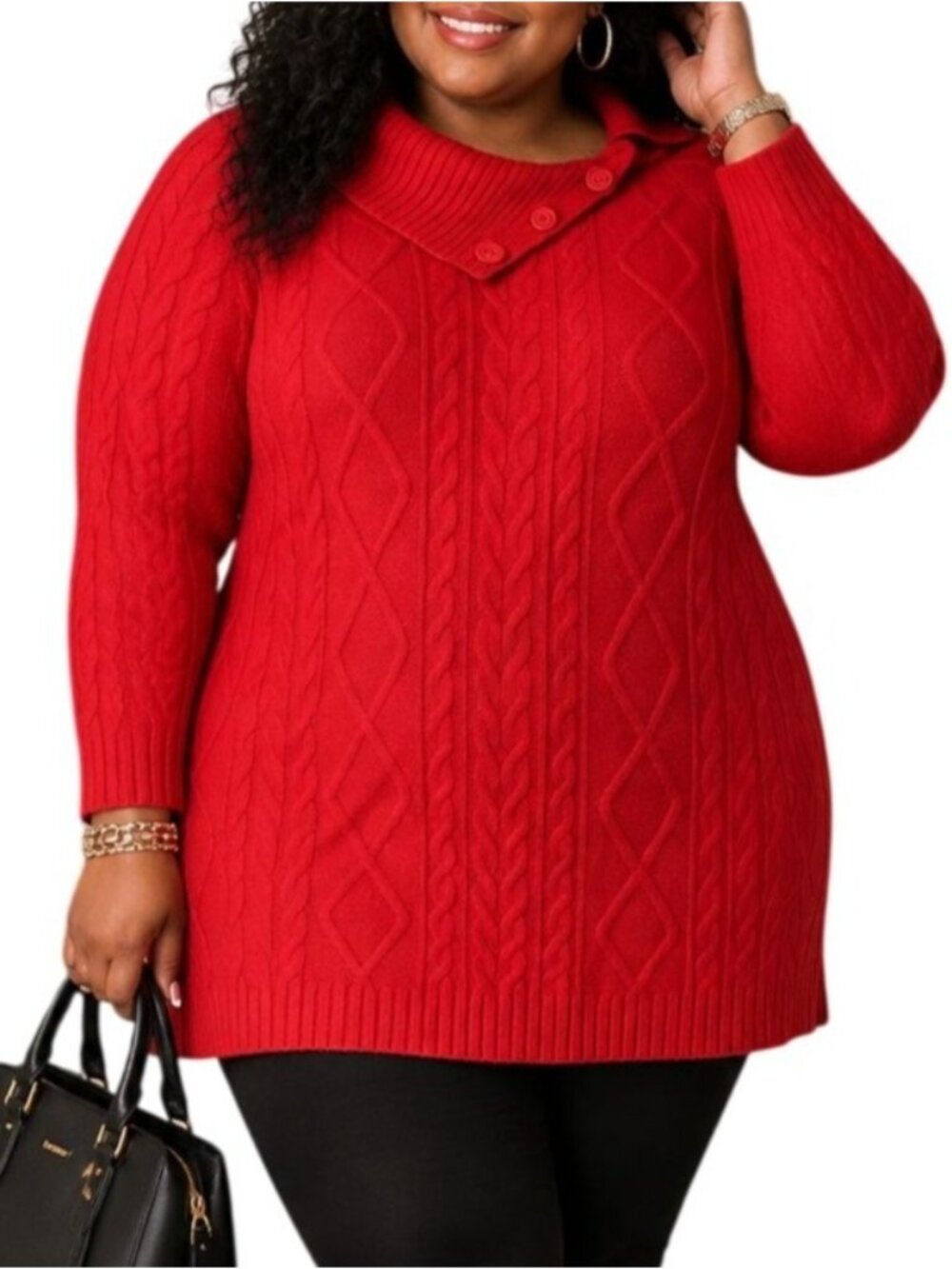 Croft & Barrow Plus 2X Sweater Red Cable Knit Button Collar Stylish Warm Winter